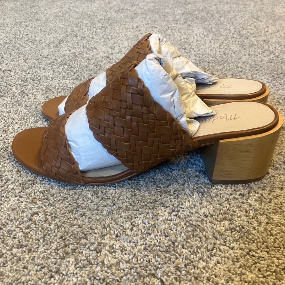 Madewell Woven Leather Block Heel Slide Sandals English Saddle Brown 9 Artisan